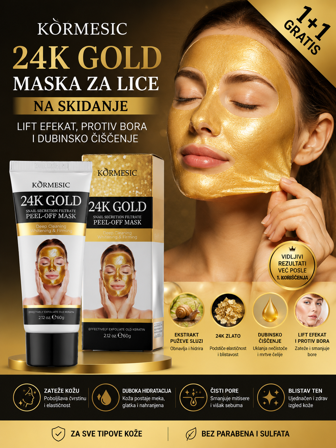 24K Nano Gold Maska za Lice na Skidanje – Zatezanje i Hidratacija Kože 1+1 Gratis