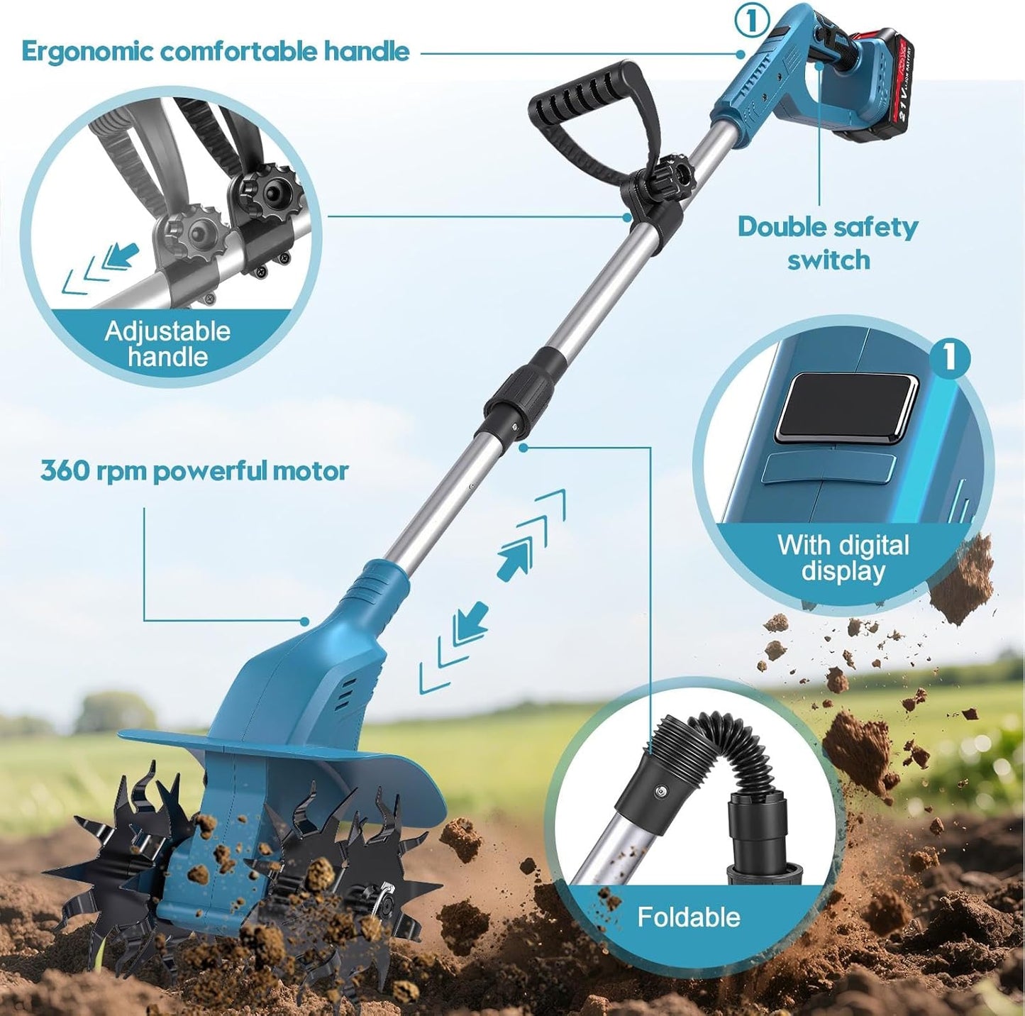 Aku kultivator freza za baštu sa dve baterije