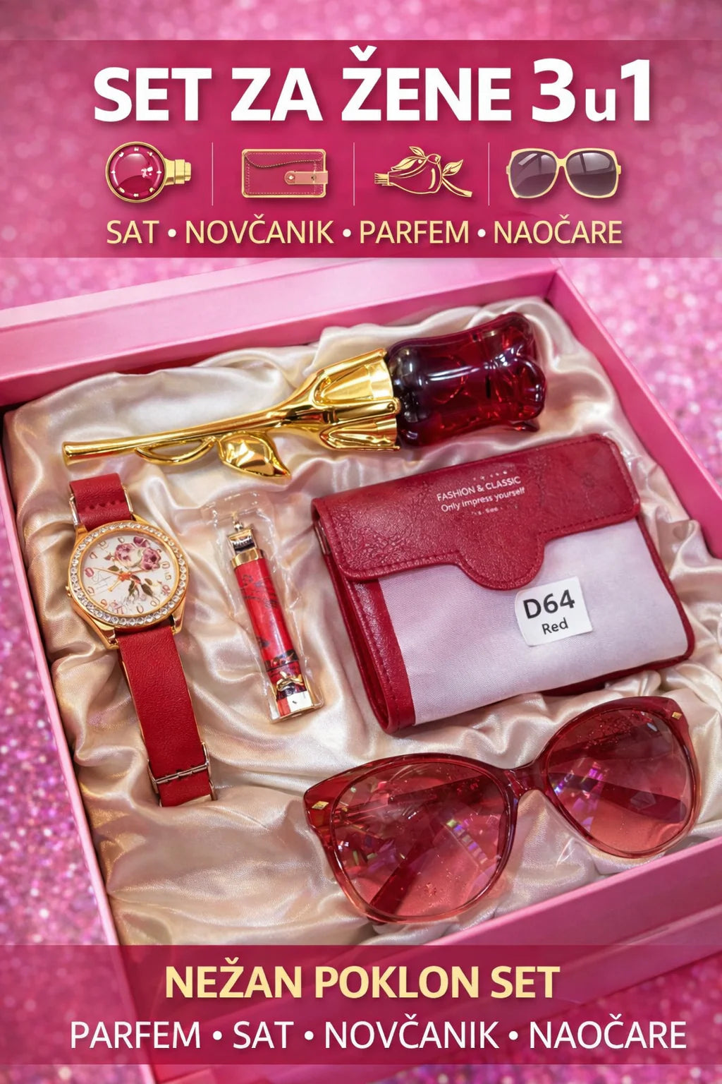 Set za žene 3 u 1 parfem ruža, sat i novčanik