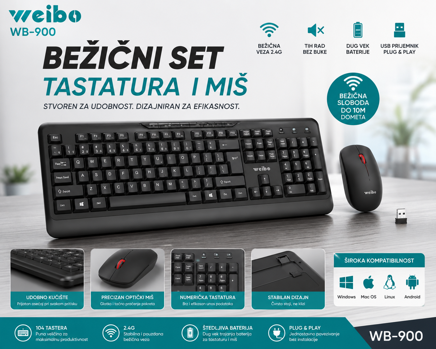 Weibo WB-900 Bežični Set Tastatura Miš – USB Wireless Combo za PC i Laptop