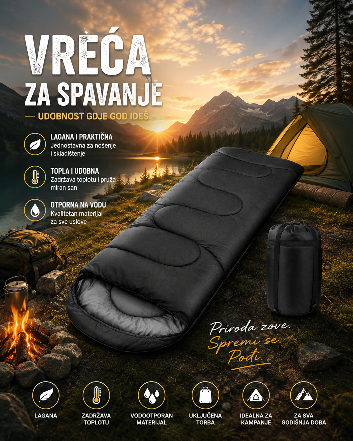 Vreća za Spavanje 210x75 cm – Vodootporna, Topla i Lagana za Kampovanje, Planinarenje i Putovanja