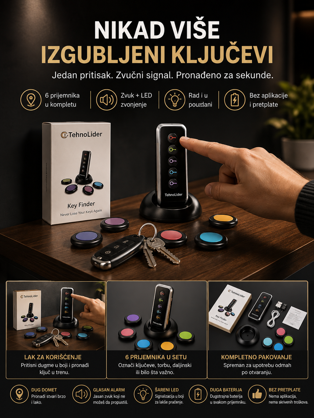 Key Finder Uređaj za Pronalaženje Ključeva – Bežični Pronalazač Ključeva i Predmeta sa Zvučnim Signalom