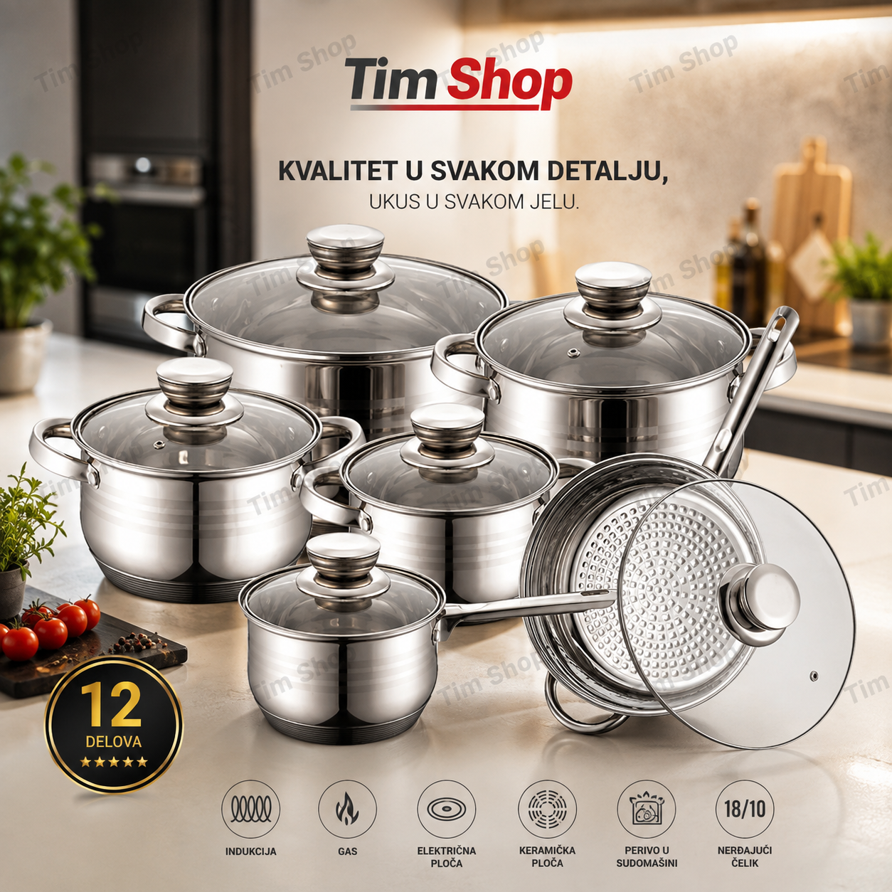 A Tim Shop stainless steel cookware set displayed on a kitchen counter, including multiple pots and pans with glass lids, a frying pan, and a steamer insert. The image features promotional text in Albanian and a badge indicating 12 hours of durability.