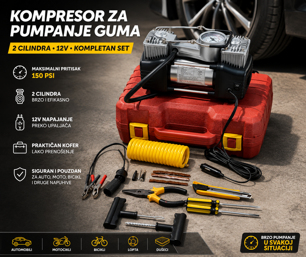 Profesionalni 12V Kompresor za Gume sa 2 Cilindra – Auto Pumpa sa Manometrom i Kompletom Pribora