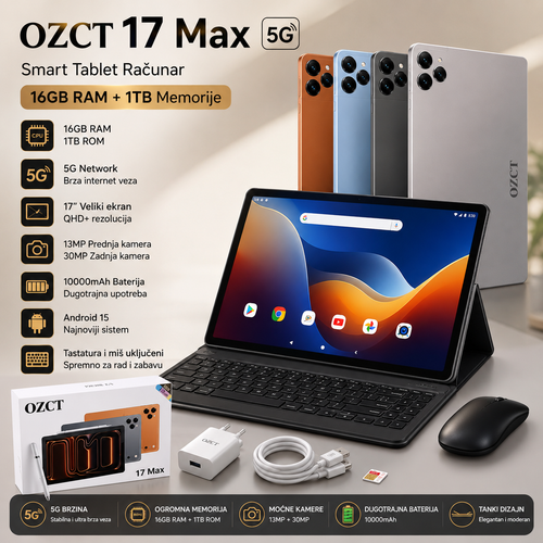 17 Max Smart Tablet 5G 16GB/1TB – Tablet Računar sa Tastaturom, Mišem i Futrolom