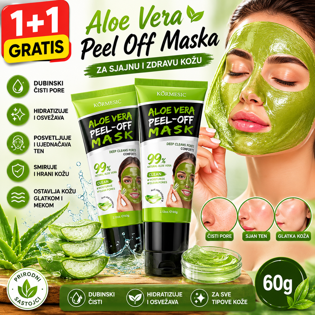 1+1 GRATIS AloeGlow Peel Off Maska sa Aloe Verom – Dubinsko Čišćenje Lica, Hidratacija i Sjajna Koža Bez Mitisera i Masnoće