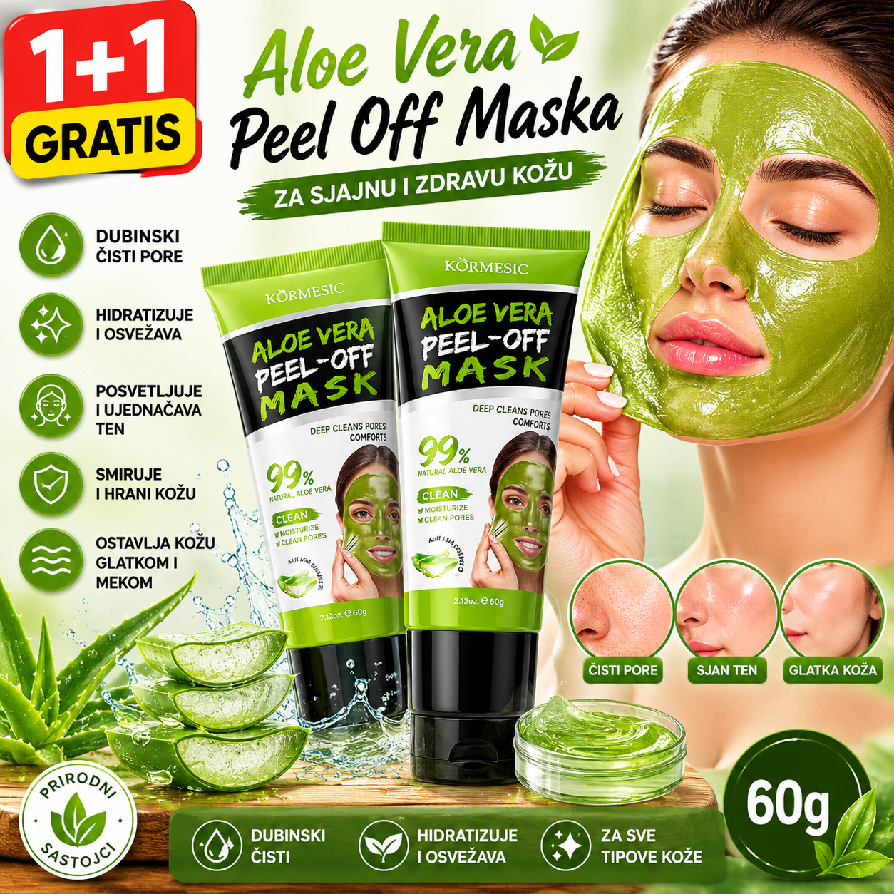 1+1 GRATIS AloeGlow Peel Off Maska sa Aloe Verom – Dubinsko Čišćenje Lica, Hidratacija i Sjajna Koža Bez Mitisera i Masnoće