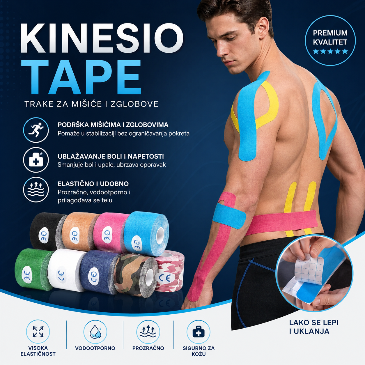 1+1 GRATIS Kinesio Tape Trake za Mišiće i Zglobove – Elastične Sportske Trake za Podršku, Oporavak i Ublažavanje Bolova