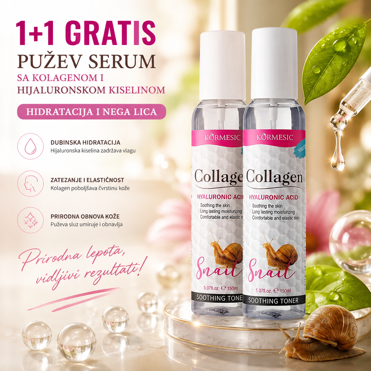 1+1 GRATIS Pužev Serum sa Kolagenom i Hijaluronskom Kiselinom – Hidratacija i Nega Lica