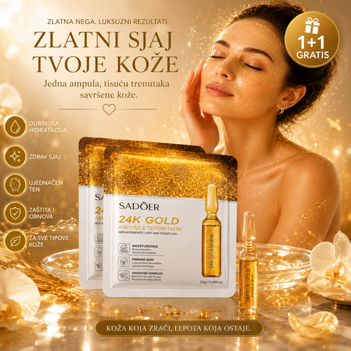 24K Zlatna Ampula Maska za Lice 1+1 Gratis – Dubinska Hidratacija, Sjaj Kože i Luksuzna Nega sa 24K Zlatom