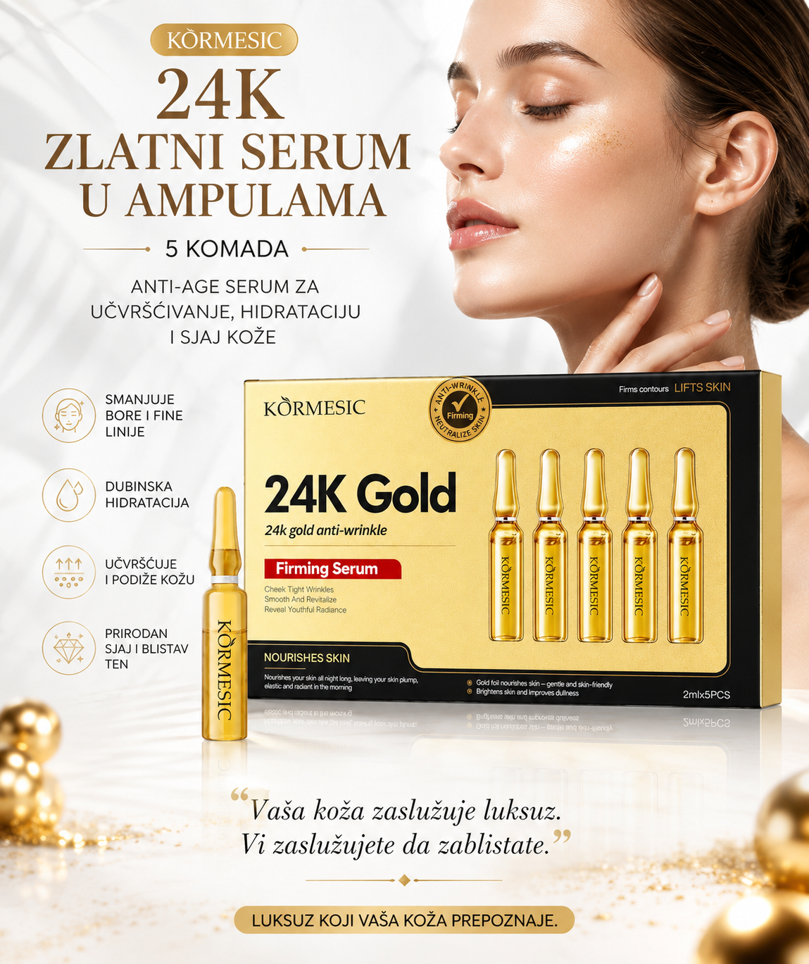 24K Zlatni Serum u Ampulama – 5 Ampula za Lice | Anti-Age, Hidratacija i Učvršćivanje Kože
