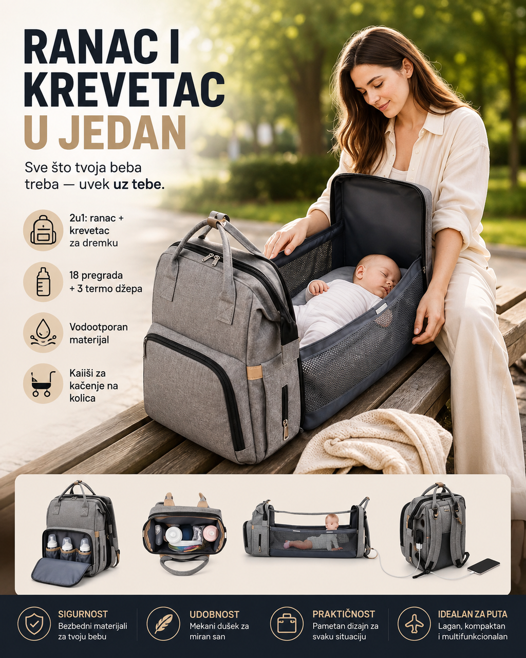 2u1 Ranac i Krevetić za Bebu – Sklopiva Torba za Mame sa Prenosivim Krevetom, Podlogom za Presvlačenje i USB Priključkom