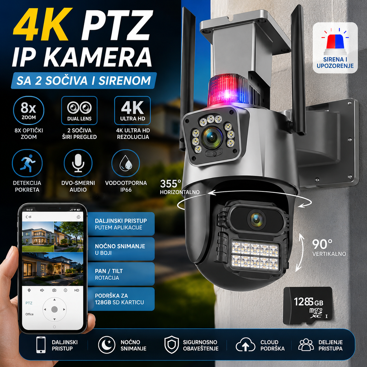 4K WiFi PTZ Kamera sa 2 Sočiva i Sirenom – Dual Lens IP Kamera 5X Zoom, Auto Tracking + GRATIS 128GB Kartica