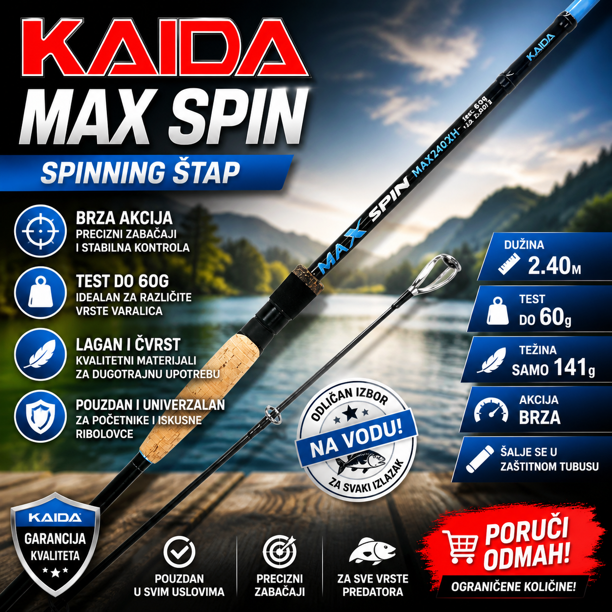 Kaida MAX SPIN 2.40m – Spinning Štap za pecanje 60g