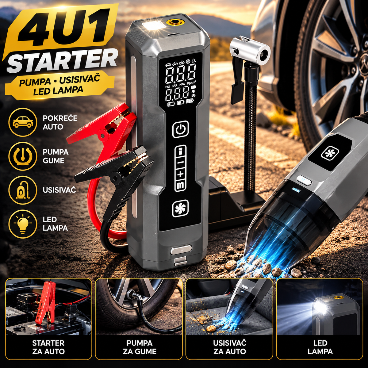 4u1 Starter za Auto sa Kompresorom, Usisivačem i LED Lampom – Prenosivi Booster za Akumulator