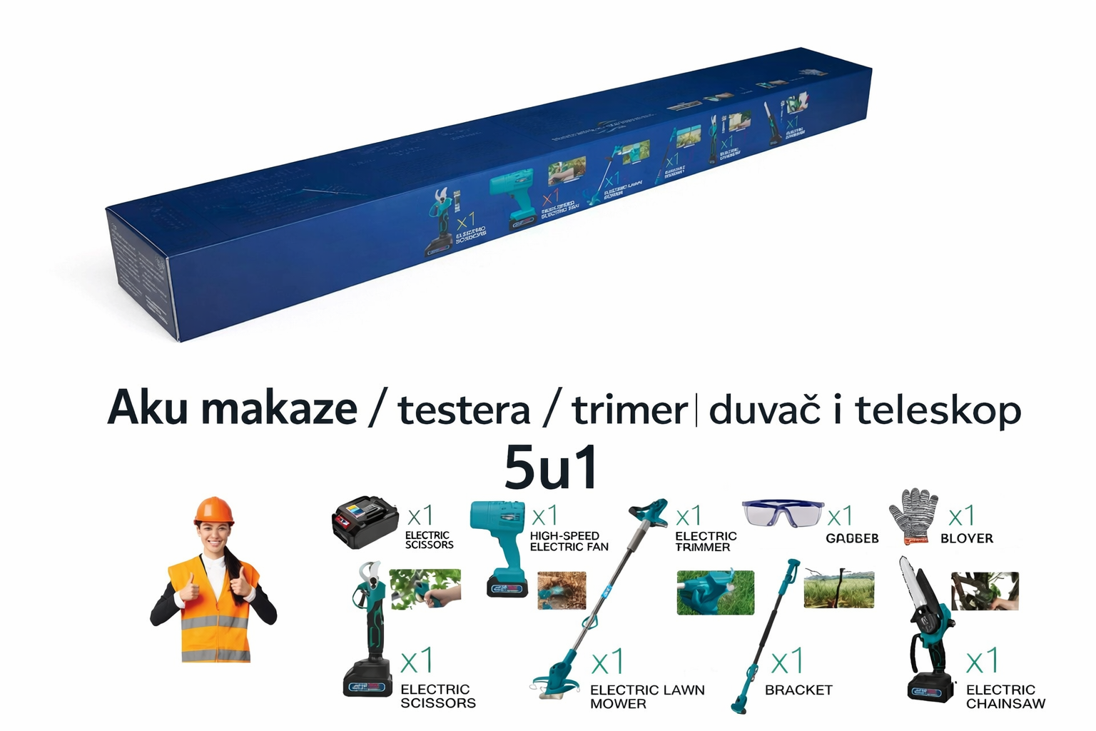 5u1 Aku Baštanski Alat – Makaze, Testera, Trimer, Duvač i Teleskop