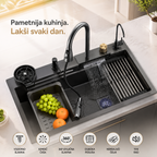 Inox Multifunkcionalna Kuhinjska Sudopera 65x45 cm – Sudopera sa Vodopad Slavinom, Izvlačnom Slavinom i Ispiračem Čaša