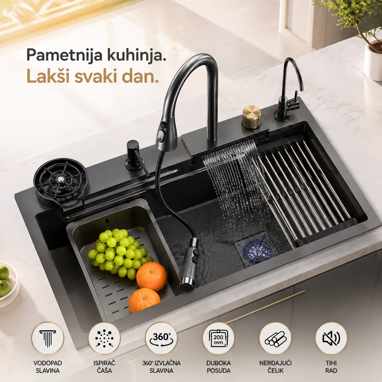 Inox Multifunkcionalna Kuhinjska Sudopera 65x45 cm – Sudopera sa Vodopad Slavinom, Izvlačnom Slavinom i Ispiračem Čaša