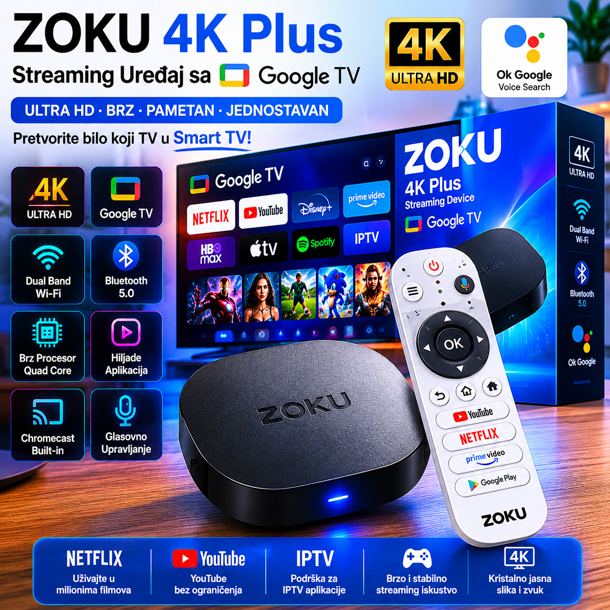 ZOKU 4K Plus Streaming Uređaj sa Google TV – Ultra HD Media Plejer za Netflix, YouTube, IPTV i Pametni TV Streaming