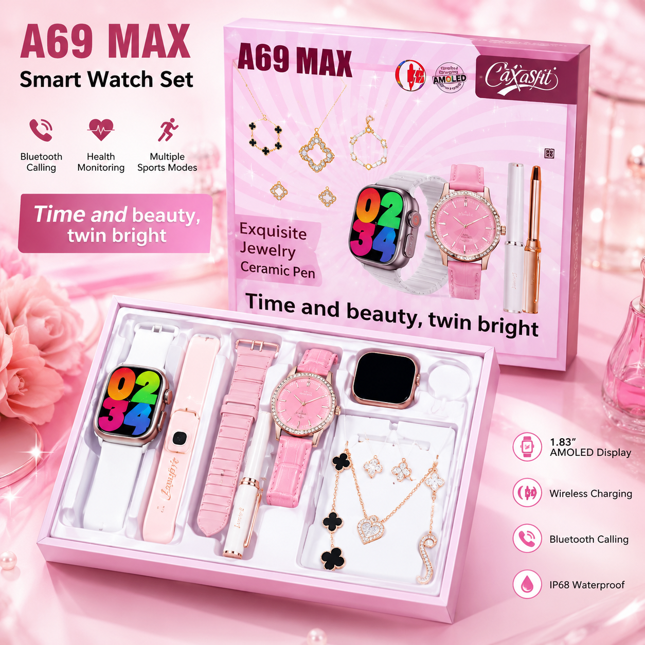 A69 MAX Smart Sat sa Nakitom – Luksuzni Gift Set za Žene | Pametni Sat + Nakit u Poklon Pakovanju