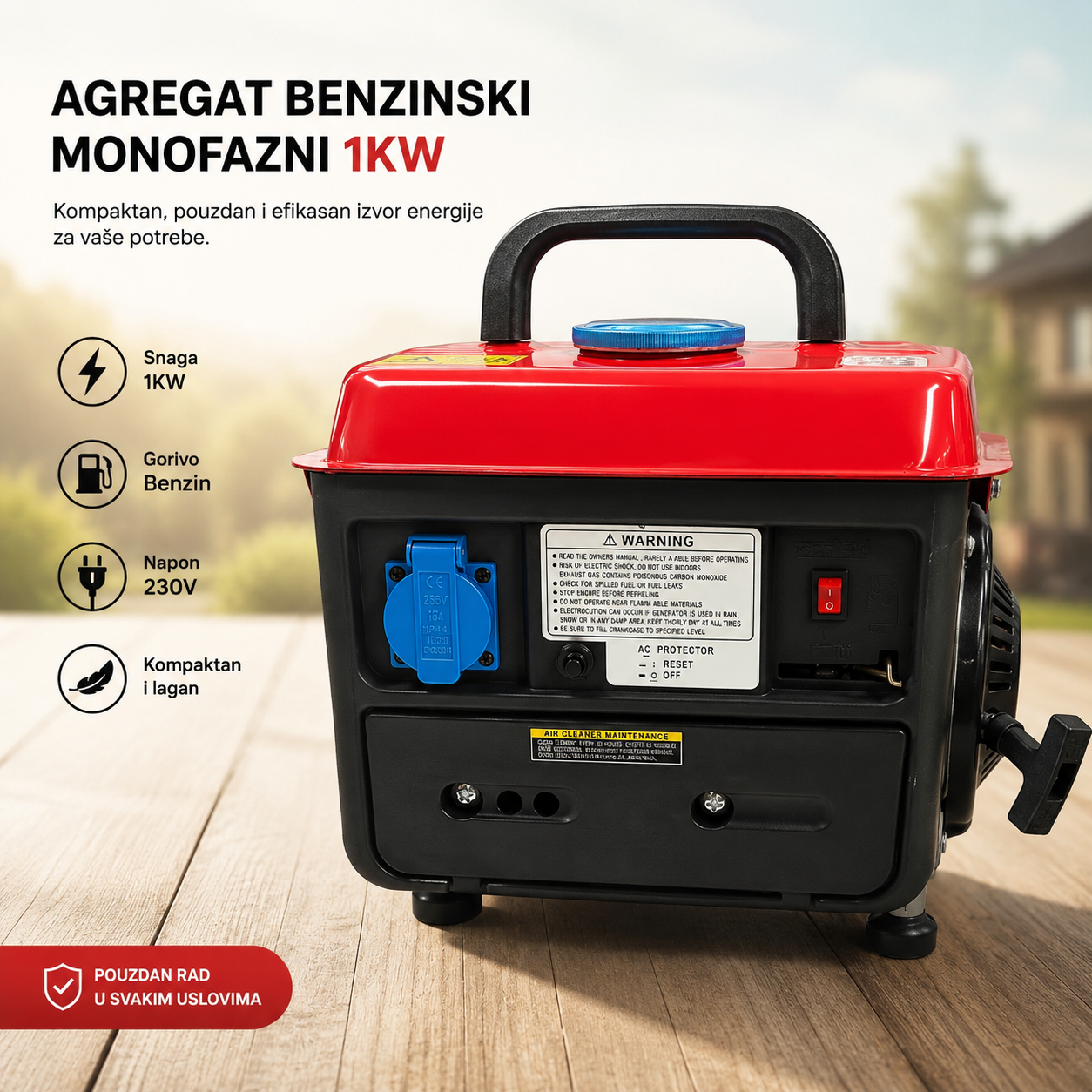 Benzinski Agregat 1 kW Monofazni – Prenosni Generator Struje za Kuću, Vikendicu i Gradilište