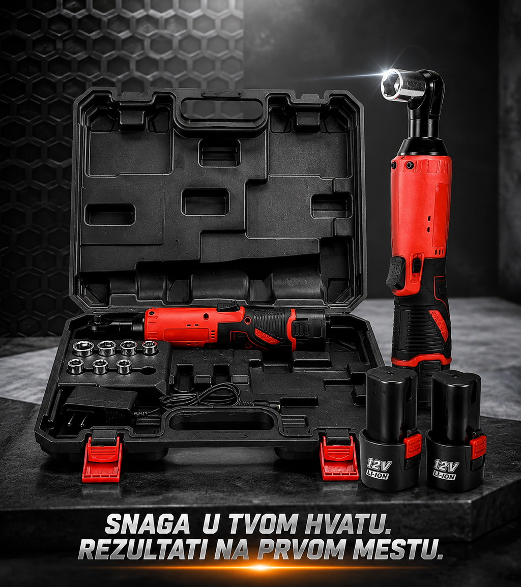 A cordless rotary hammer tool set displayed with its open black carrying case, the tool standing upright on the right, two black battery packs, and a socket on a dark studio surface. The tool body is bright red with black grip areas, and the case and accessories are black.