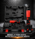 A cordless rotary hammer tool set displayed with its open black carrying case, the tool standing upright on the right, two black battery packs, and a socket on a dark studio surface. The tool body is bright red with black grip areas, and the case and accessories are black.