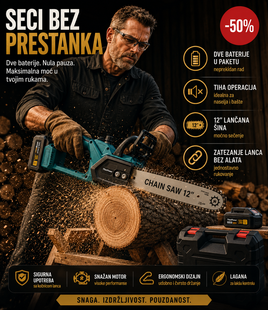 Aku Lančana Testera 128V sa 2 Baterije – Bežična Mini Motorna Testera za Sečenje Grana, Drveta i Orezivanje