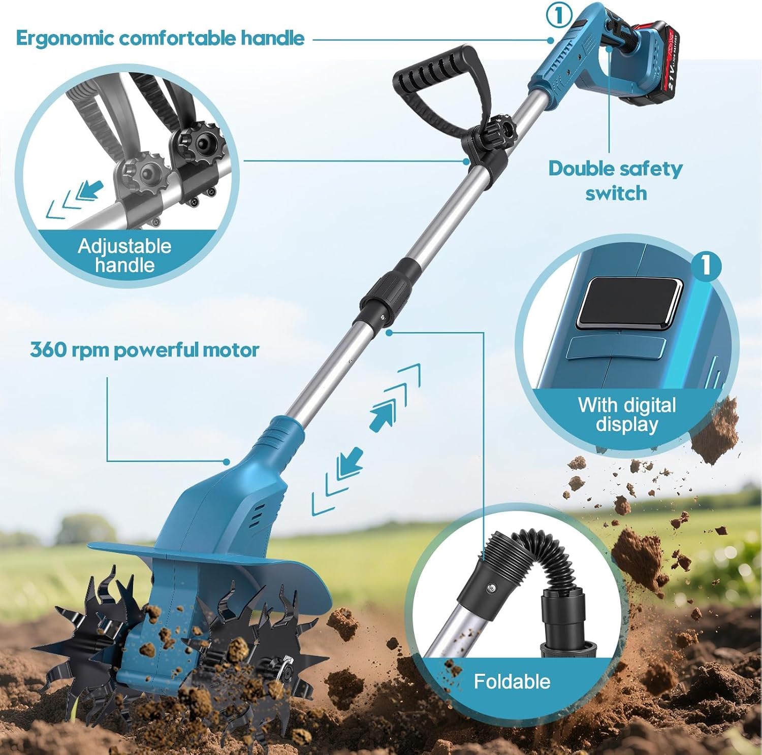 Aku kultivator freza za baštu sa dve baterije