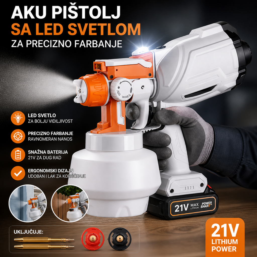 Aku pištolj za farbanje 21V sa LED svetlom – Precizno prskanje boje, bežični paint sprayer za zidove, drvo i metal