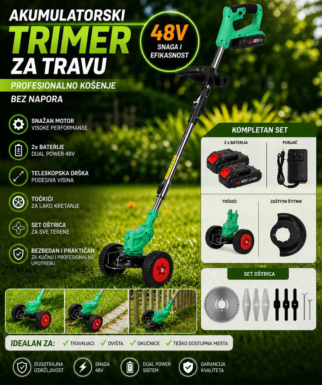 Aku Trimer za Travu 48V – Teleskopski, 2 Baterije, Točkići + Set Oštrica