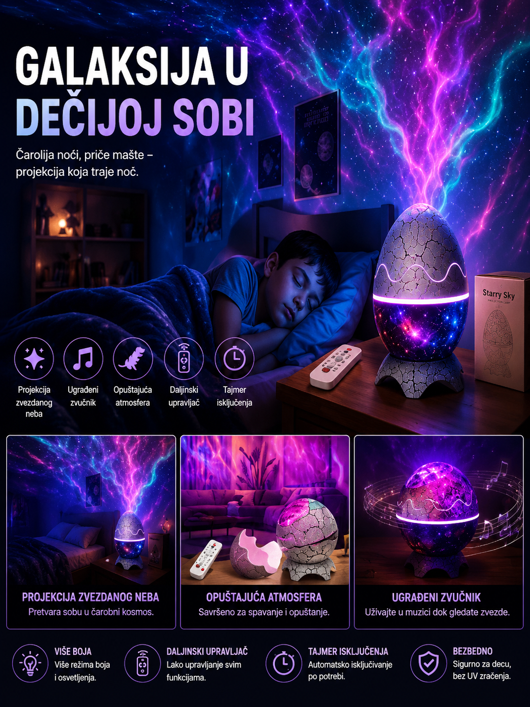 Aurora Lampa Jaje Dinosaurusa – Galaxy Projektor sa Bluetooth Zvučnikom i LED Noćnim Svetlom