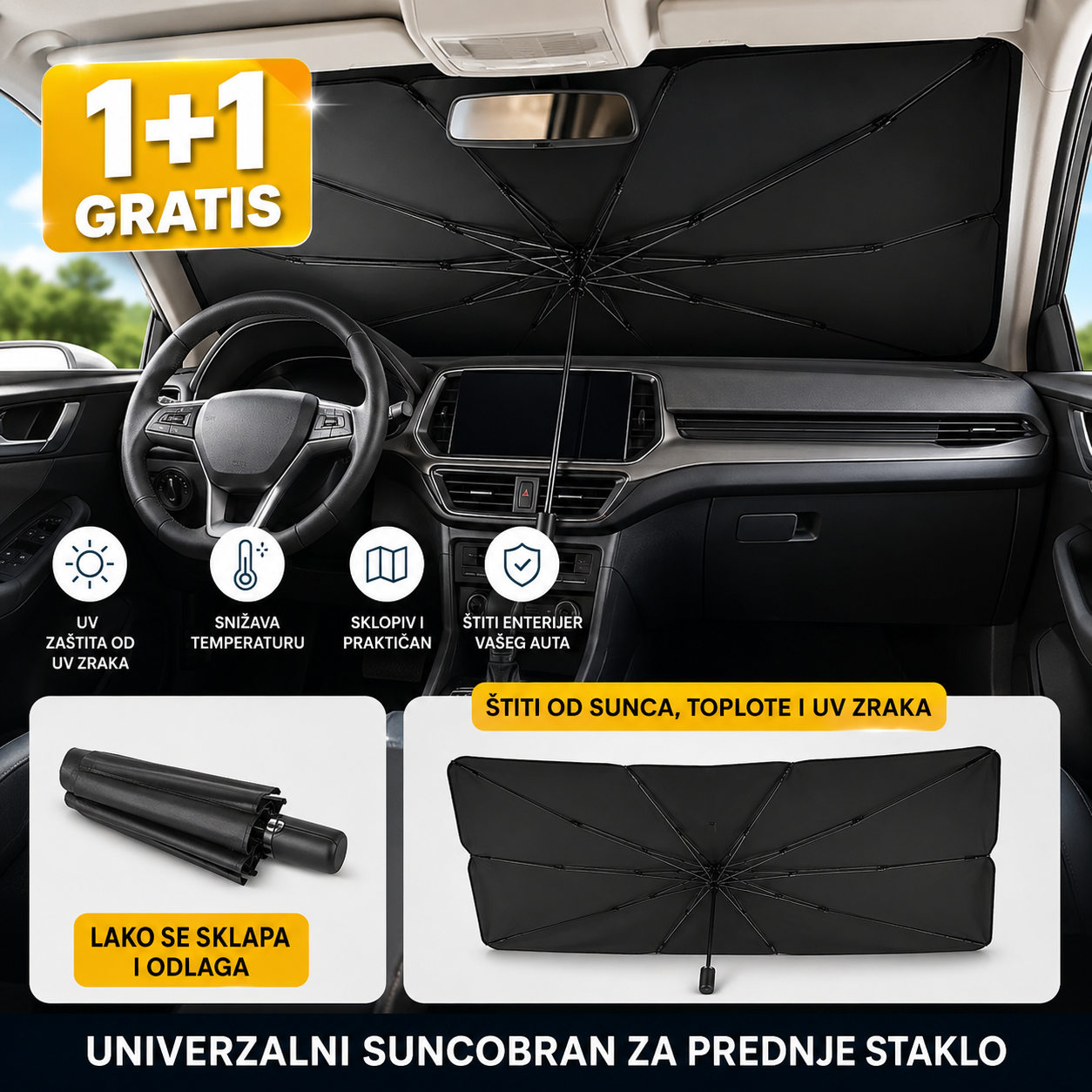 Auto Suncobran za Šoferšajbnu 1+1 GRATIS – Sklopiva Zaštita od Sunca i Visoke Temperature