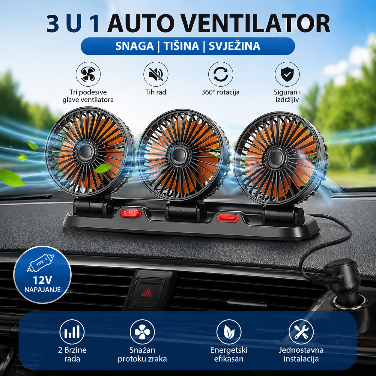Auto Ventilator 12V 3u1 – Snažan Trostruki Ventilator sa Tihim Radom