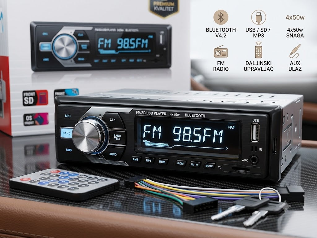 Auto Radio sa Bluetooth, USB i SD Karticom – 4x50W Stereo MP3 Plejer za Automobil