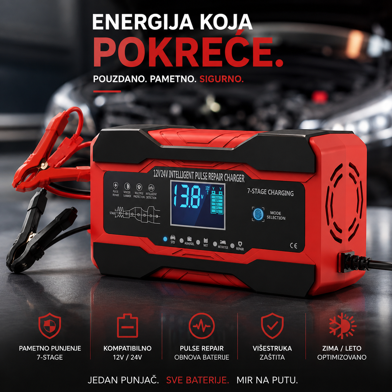 Automatski Punjač za Akumulator 12V 6A – Pametni Punjač za Auto, Motocikl i AGM/GEL Akumulatore
