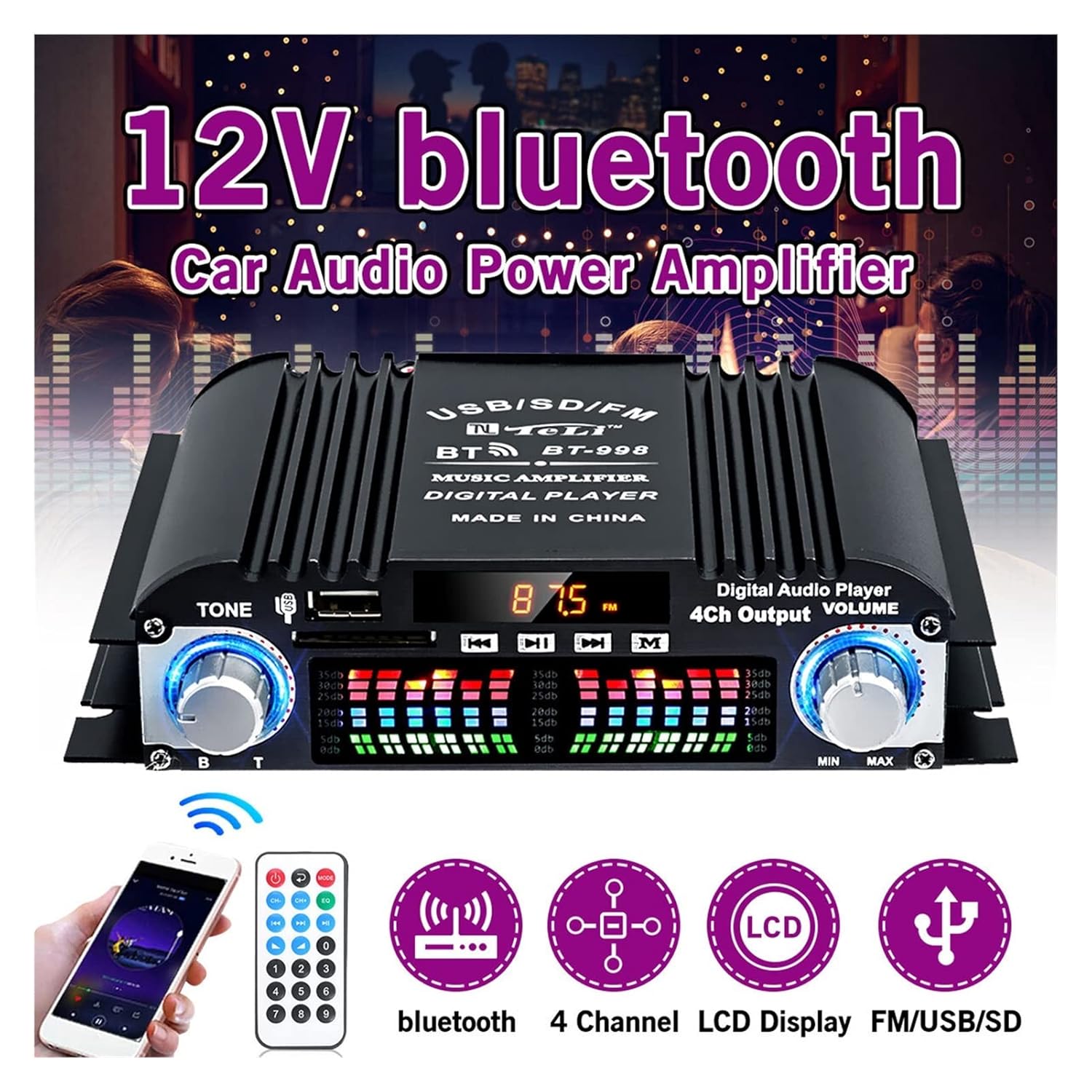 BT-998 FM radio bluetooth pojacalo 160W 4x40W sa 4 izlaza