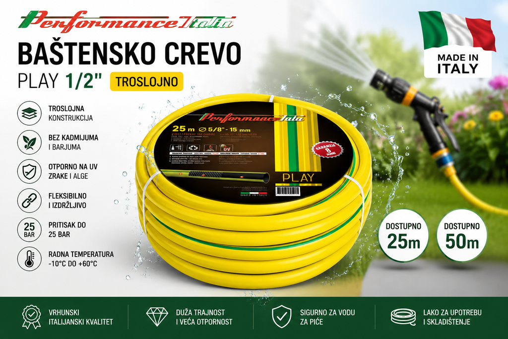 Baštensko Crevo 1/2" 25m i 50m PLAY – Troslojno Crevo za Zalivanje | Italijanski Kvalitet, Dugotrajno