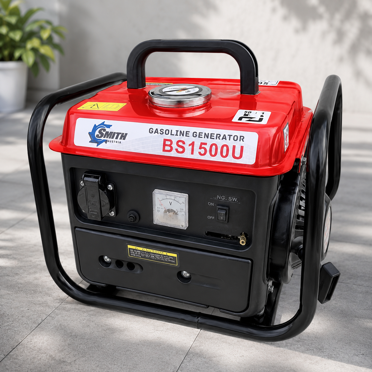 A red and black Smith Generator BS1500U portable gasoline generator with a carrying handle and protective frame, photographed on a light gray tiled floor.