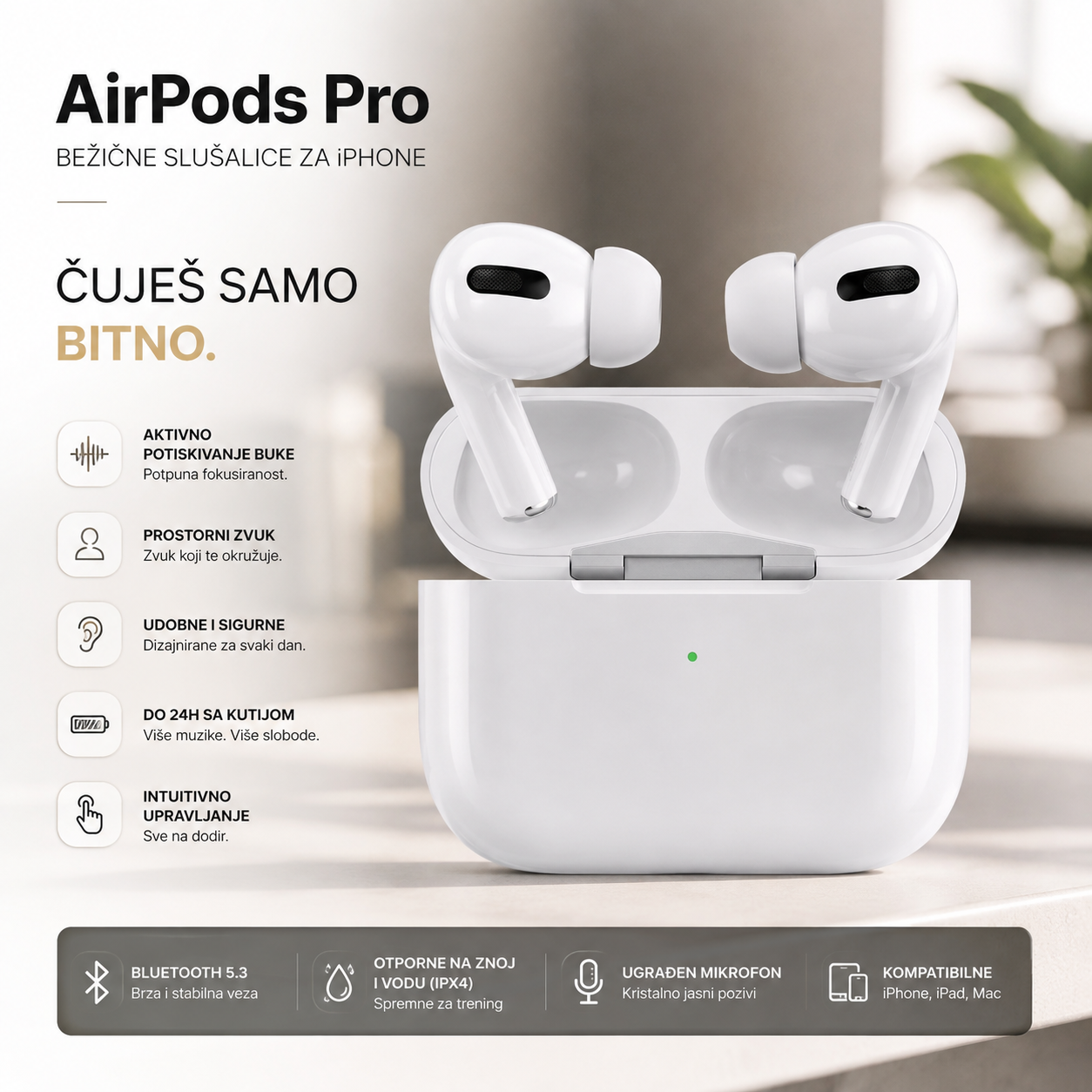 AirPods Pro Bežične Bluetooth Slušalice za iPhone – HD Stereo Zvuk, Mikrofon i Punjiva Kutija