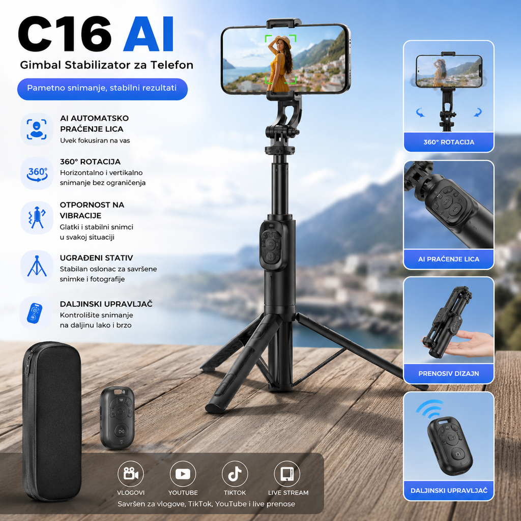 C16 AI Pametni Gimbal Stabilizator za Mobilni Telefon – 360° Rotacija, Praćenje Lica, Anti-Shake, Stativ i Daljinski za TikTok, YouTube i Vlogove