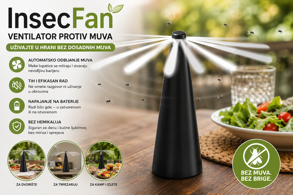 InsecFan Ventilator Protiv Muva za Sto – Zaštita Hrane Bez Hemikalija za Terasu, Kuhinju i Piknik