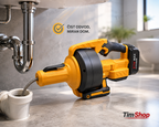A cordless drain snake tool in yellow and black is shown positioned over a sink drain in a bathroom setting, with a coiled metal snake extending into the pipe. The background is a softly blurred gray bathroom interior, and there is a visible 'TimShop' logo in the bottom right corner.