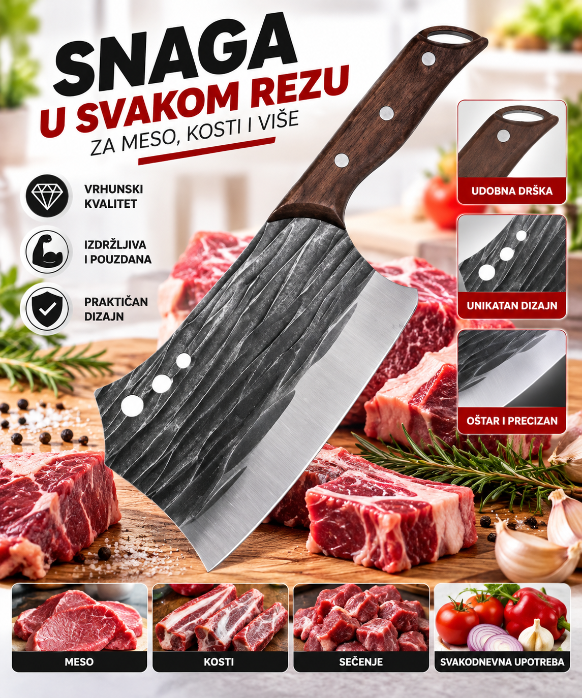 Satara za Meso i Kosti – Profesionalna Mesarska Satara od Čelika sa Drvenom Drškom