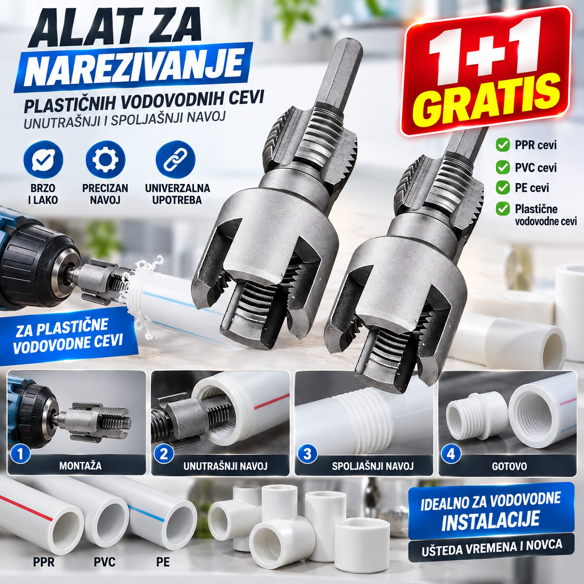 Alat za Navoje Plastičnih Cevi – Set za Sečenje i Izradu Navoja na PVC i Plastičnim Cevima