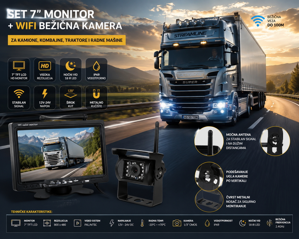 Profesionalni 7" Monitor sa WiFi Bežičnom Kamerom – Za Kamione, Kombajne, Traktore i Radne Mašine