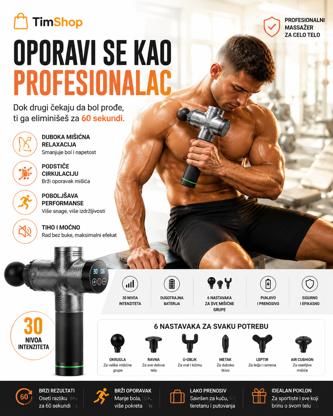 Profesionalni Pištolj za Masažu CARBON – 30 Brzina, 2400 mAh, Električni Masažer za Mišiće i Opuštanje