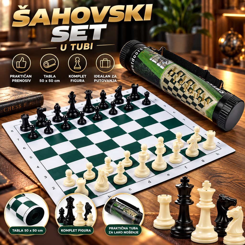 Šahovski Set u Tubi – Prenosivi Set za Šah sa Figurama i Tablom