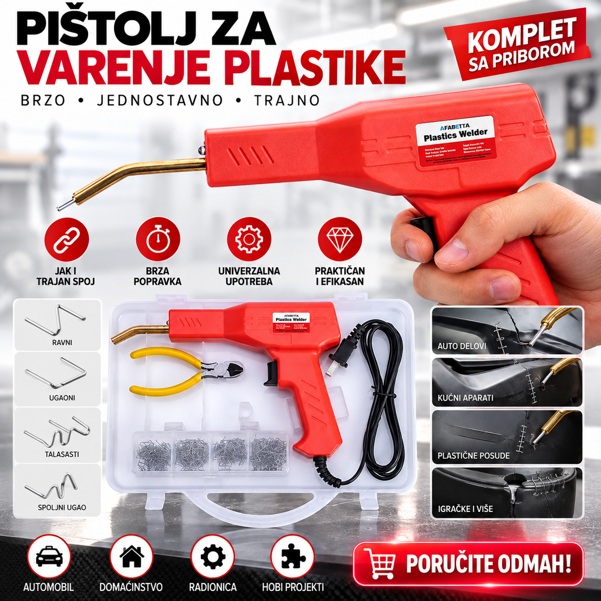 Pištolj Lemilica za Varjenje Plastike + Pribor – Aparat za Popravku Branika, Plastike i Auto Delova