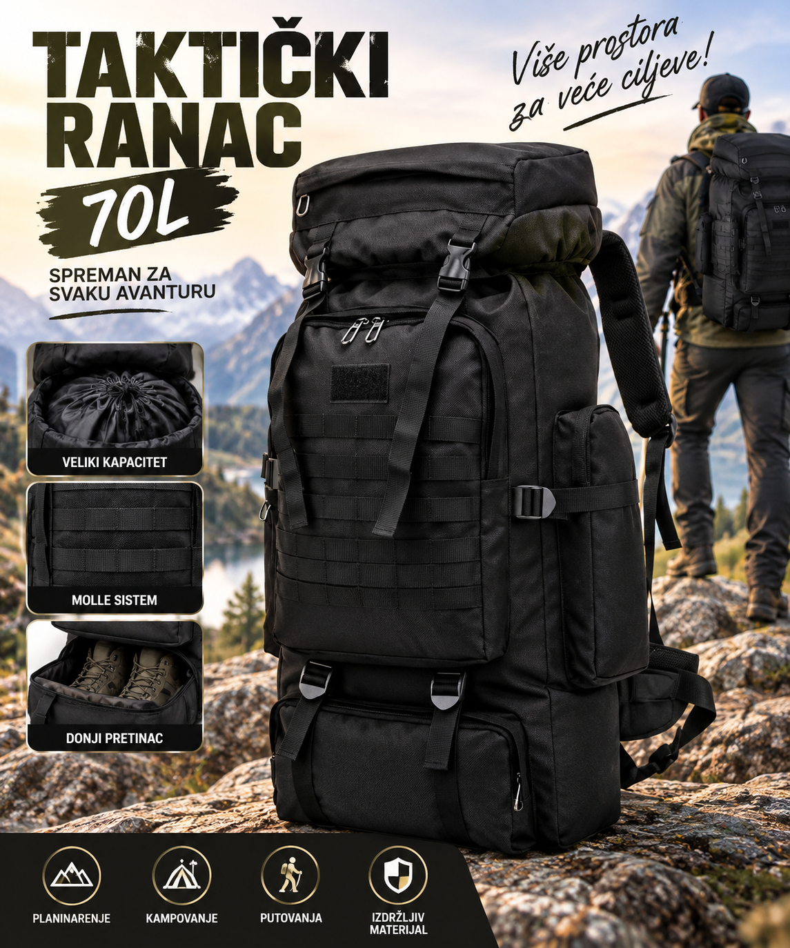 Taktički Army Ranac 70L – Vojni Ranac Velikog Kapaciteta, Crni